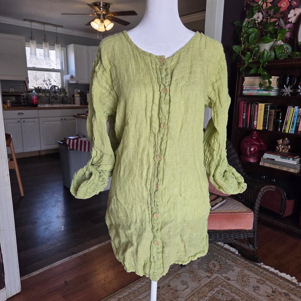 Avocado Green Flax Linen Button Blouse Roll Tab Sleeves Boho Chic Lagen Look